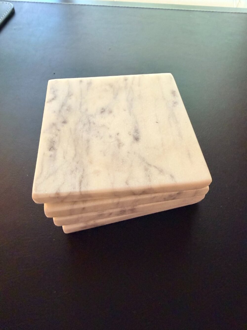 White Carrara Style Marble Square Coasters Set of 4 Gray Veining Padded Feet